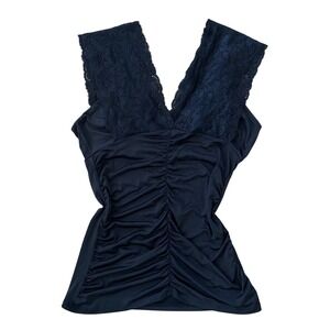 Vtg Black Lace Ruched Cami Top Vintage Grunge Y2K Spaghetti Strap Large